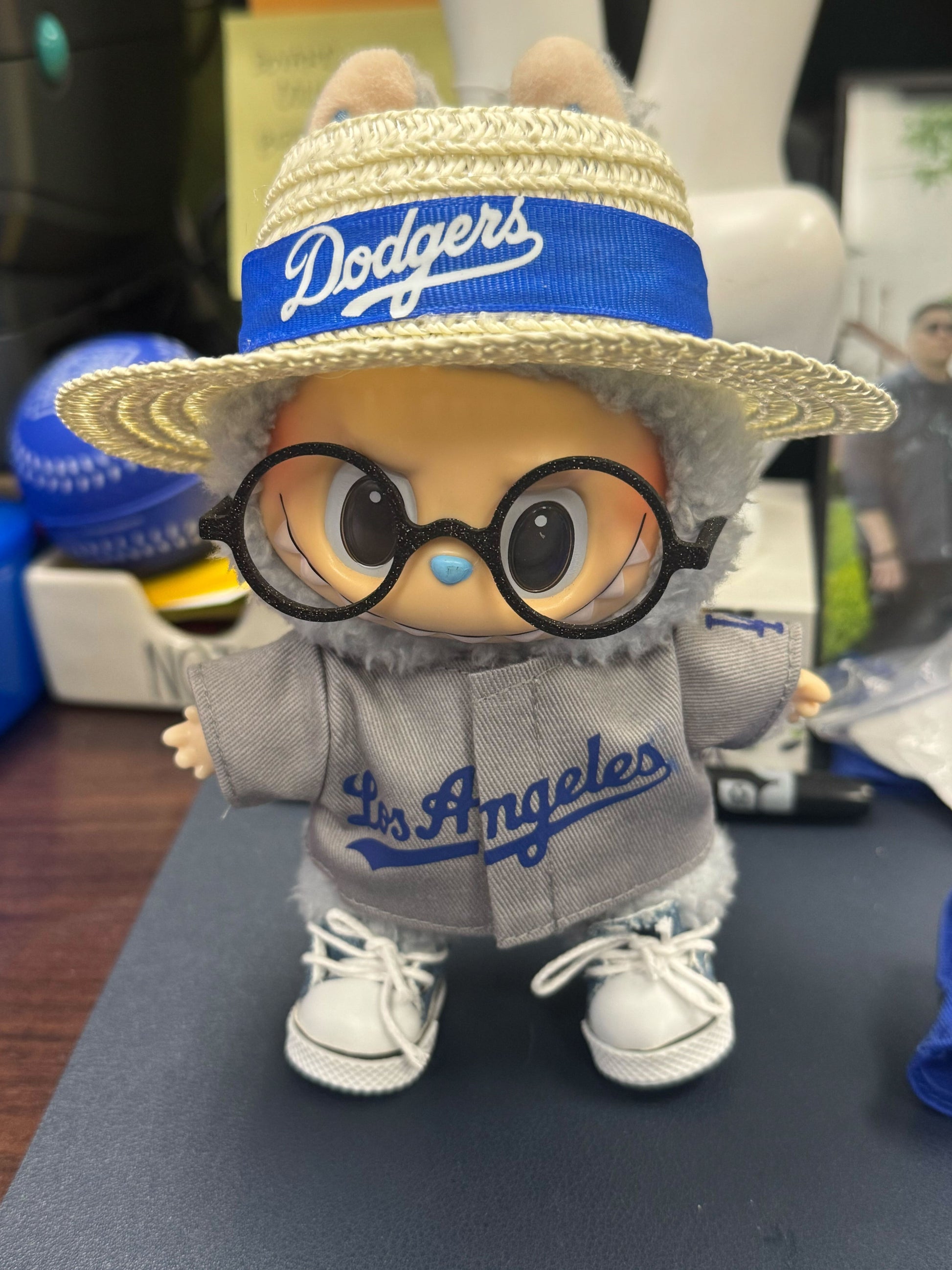 Mini Dodgers Labubu figures dressed in uniform with hats, including Ohtani, Freeman, and Betts versions