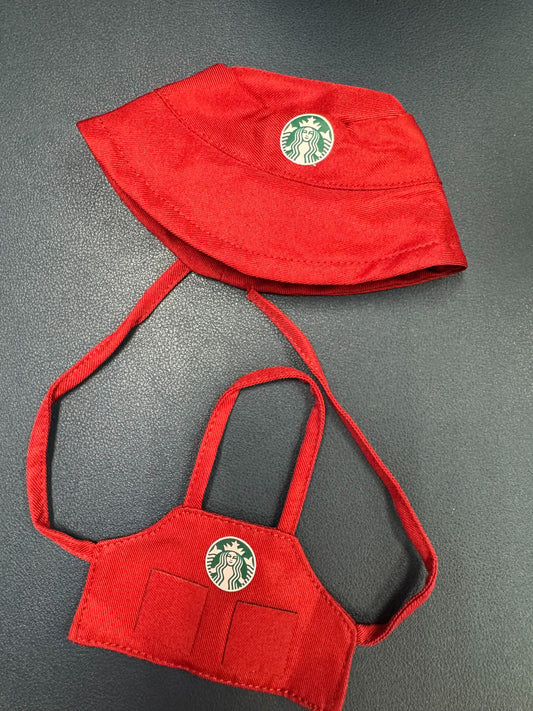 Christmas red labubu barista uniform set with hat and apron featuring Starbucks logo for adorable Labubu dolls.