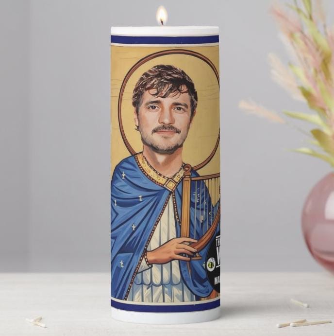 Saint Pedro Pascal Prayer Candle – Two Iconic Designs for Fans of The Mandalorian, The Last of Us, and More!