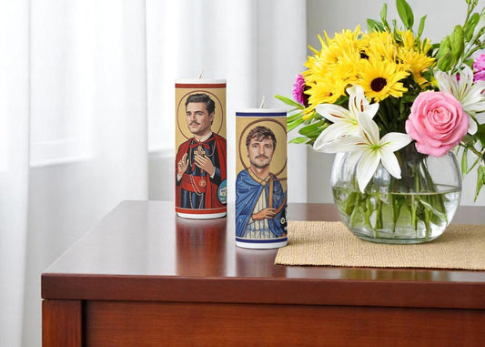Saint Pedro Pascal Prayer Candle – Two Iconic Designs for Fans of The Mandalorian, The Last of Us, and More!