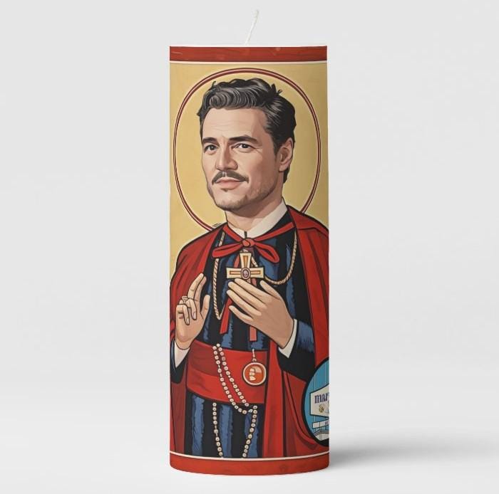 Saint Pedro Pascal Prayer Candle – Two Iconic Designs for Fans of The Mandalorian, The Last of Us, and More!