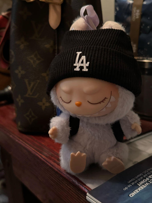 Labubu doll-sized Dodgers beanie hat, available in black or white, collectible accessory