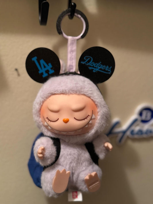 Labubu doll accessory featuring black glitter mouse ears, perfect for baseball or Dodger fans