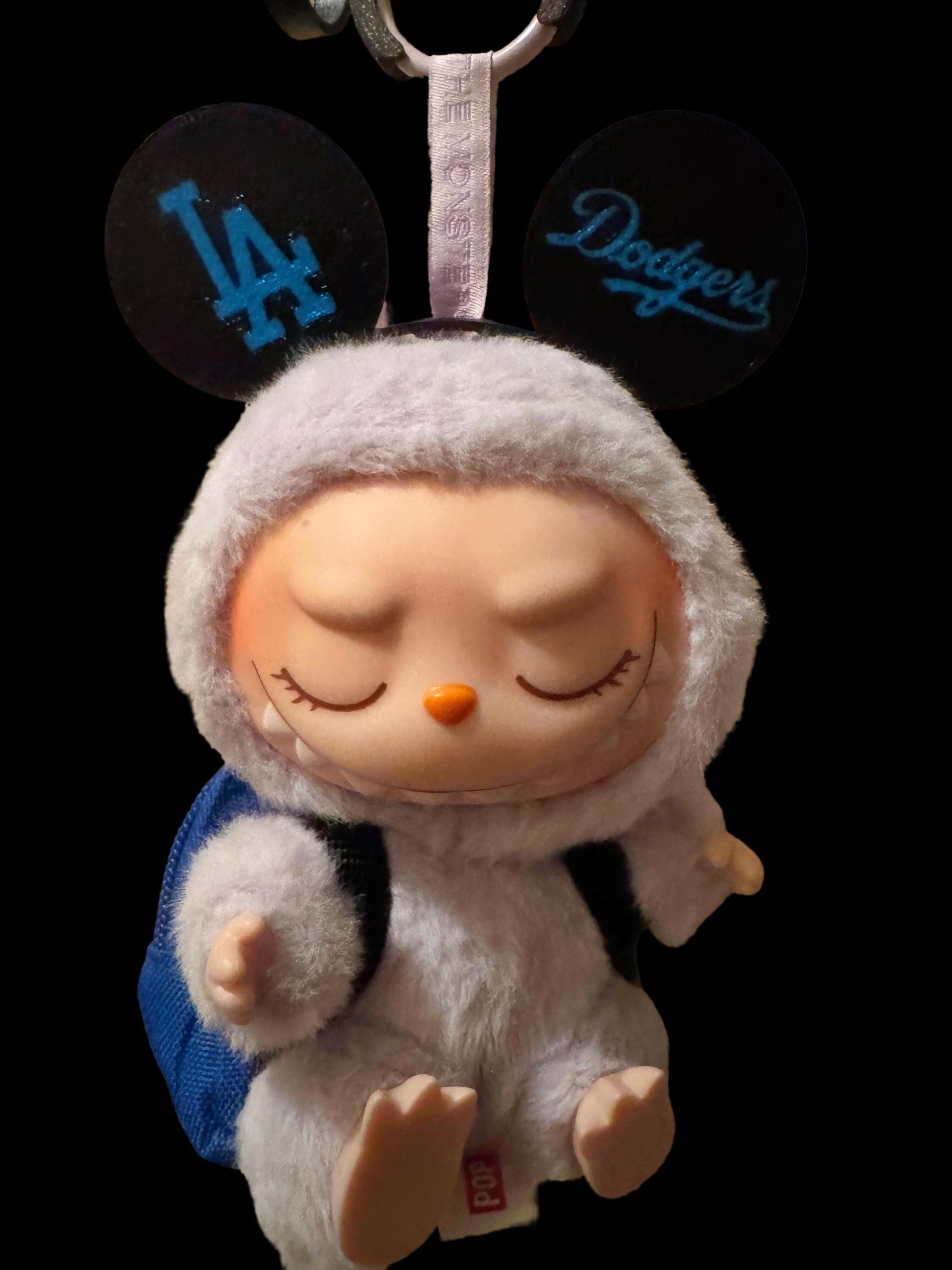 3D printed mouse ears headband in black glitter, designed for Labubu dolls with Dodger fan style