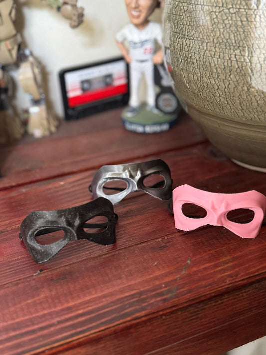 Labubu Superhero masks in pink, silver, and black glitter; perfect doll accessory for cosplay and miniature hero costumes.
