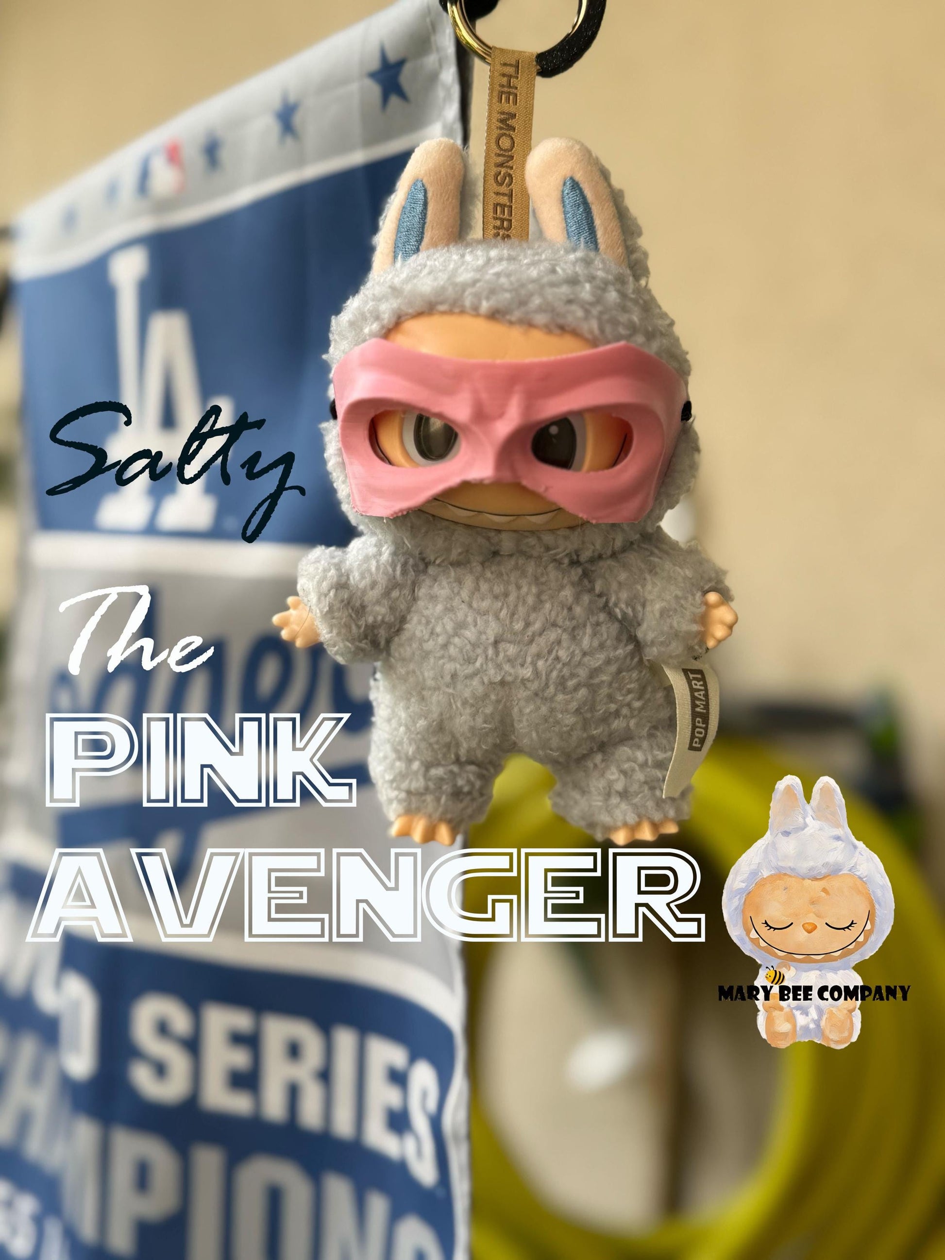 Labubu superhero doll Salty in pink mask and fluffy costume, perfect gift for Labubu fans and kawaii collectors.