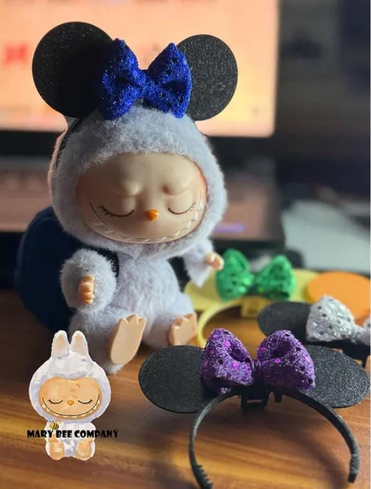 PopMart Labubu doll accessory with bow-topped mouse ears headband and adjustable tab