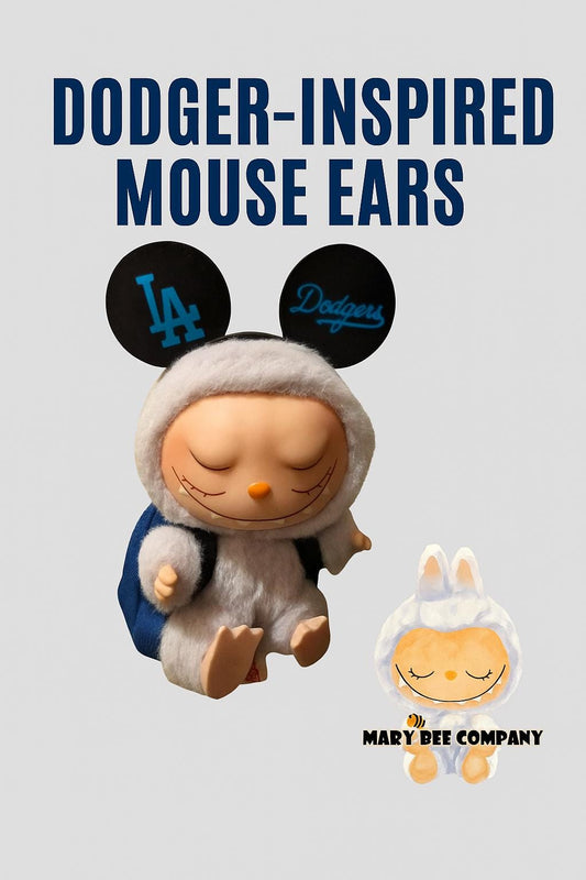 Dodger-inspired black glitter mouse ears headband for Labubu dolls, 3D printed accessory