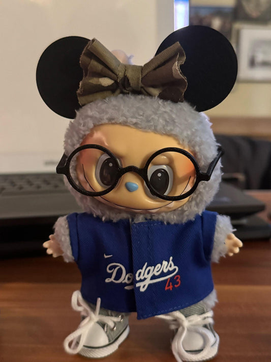 adorable Labubu figurine with mouse ears, glasses, and Dodgers jacket, perfect gift for collectors