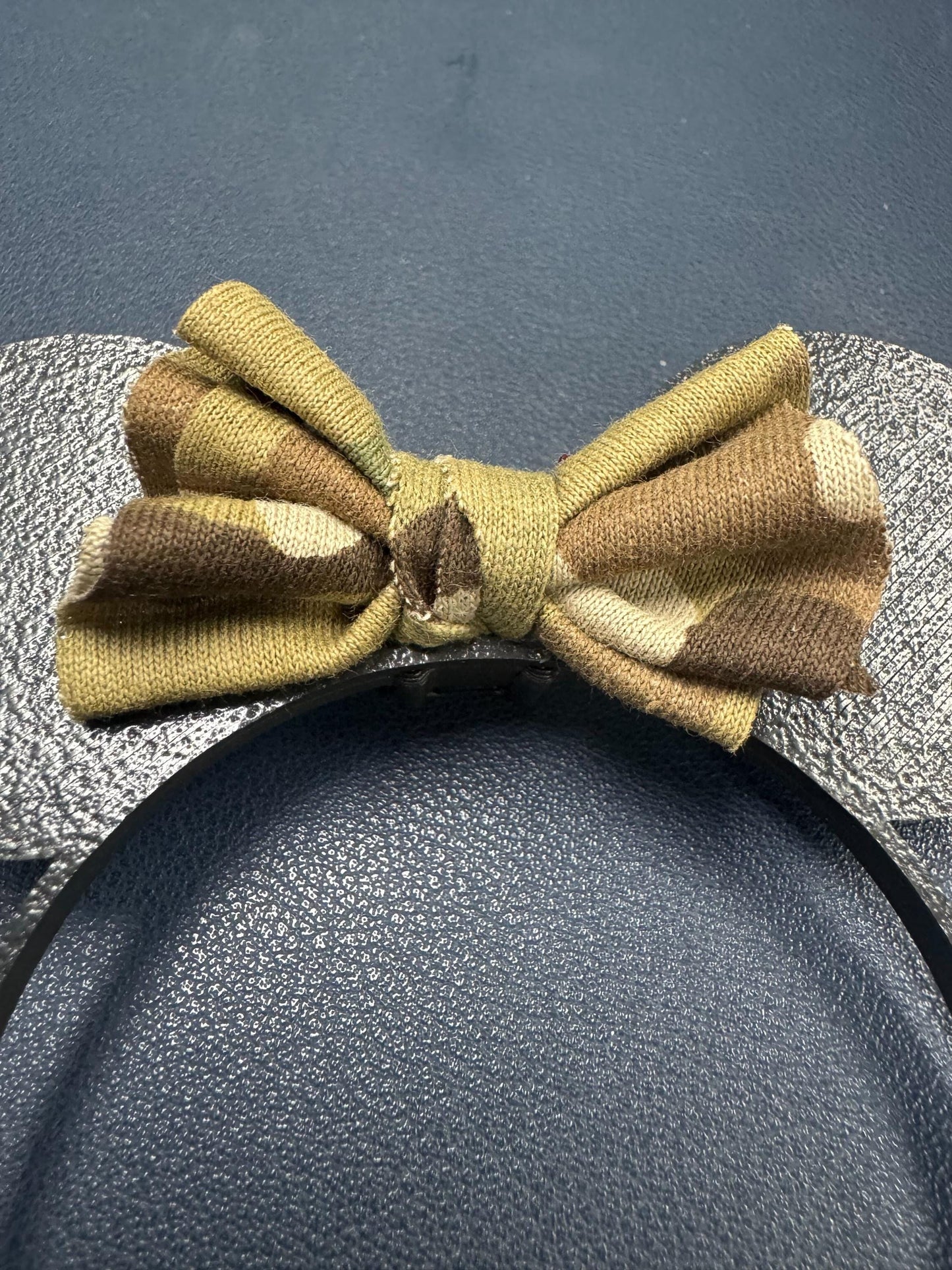 Labubu inspired military mouse ears with camo print bow, perfect accessory for Pop Mart figures and collectors.