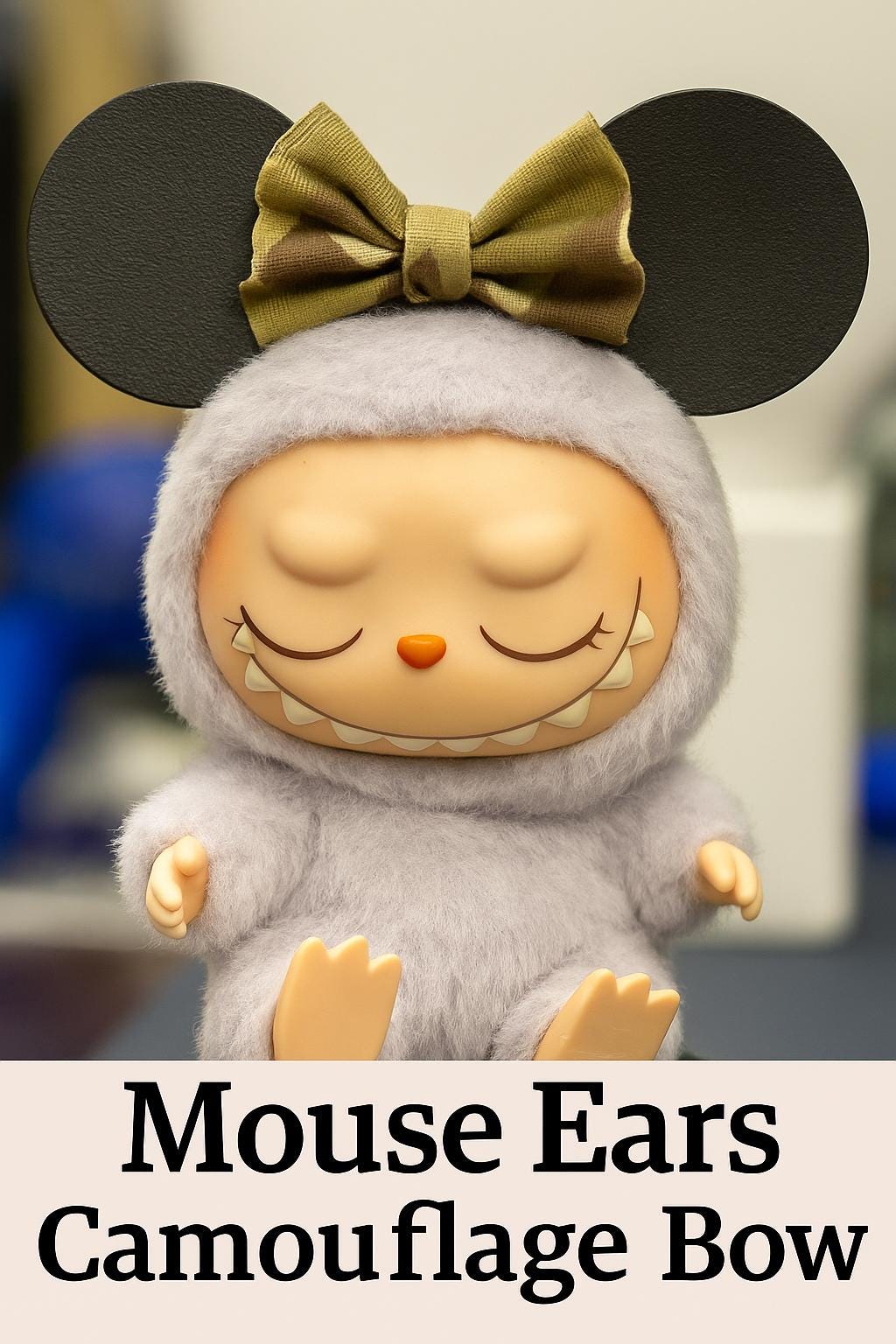 Camo print bow Mouse Ears on adorable Labubu inspired figure, perfect for collectors and fans of cute anime toys.