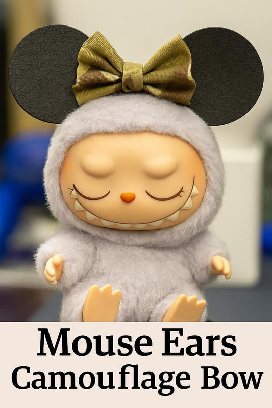 Camo print bow Mouse Ears on adorable Labubu inspired figure, perfect for collectors and fans of cute anime toys.