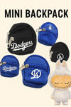 Mini Dodgers-inspired backpack for Labubu dolls, available in blue or black for baseball fans