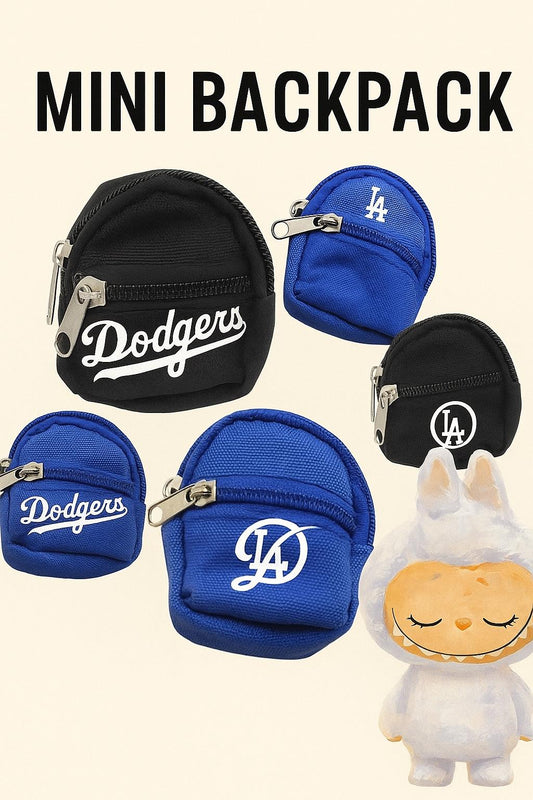 Mini Dodgers-inspired backpack for Labubu dolls, available in blue or black for baseball fans