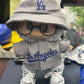 Dodgers Labubu doll in grey away jersey with bucket hat, Los Angeles print, perfect gift for Labubu fans.
