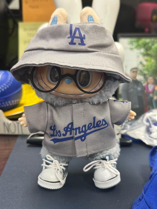 Dodgers Labubu doll in grey away jersey with bucket hat, Los Angeles print, perfect gift for Labubu fans.