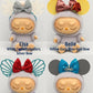 Princess-inspired mouse ears for mini figures, featuring Elsa, Belle, Ariel, and Cinderella with colorful designs and bows.