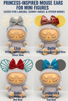 Princess-inspired mouse ears for mini figures, featuring Elsa, Belle, Ariel, and Cinderella with colorful designs and bows.