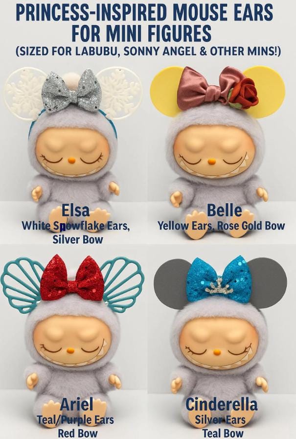Princess-inspired mouse ears for mini figures, featuring Elsa, Belle, Ariel, and Cinderella with colorful designs and bows.