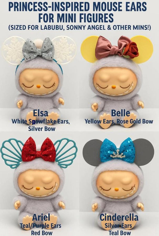 Princess-inspired mouse ears for mini figures, featuring Elsa, Belle, Ariel, and Cinderella with colorful designs and bows.
