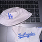 Dodgers Labubu away jersey and bucket hat set in grey with blue 'Los Angeles' logo, perfect for Labubu doll fans.